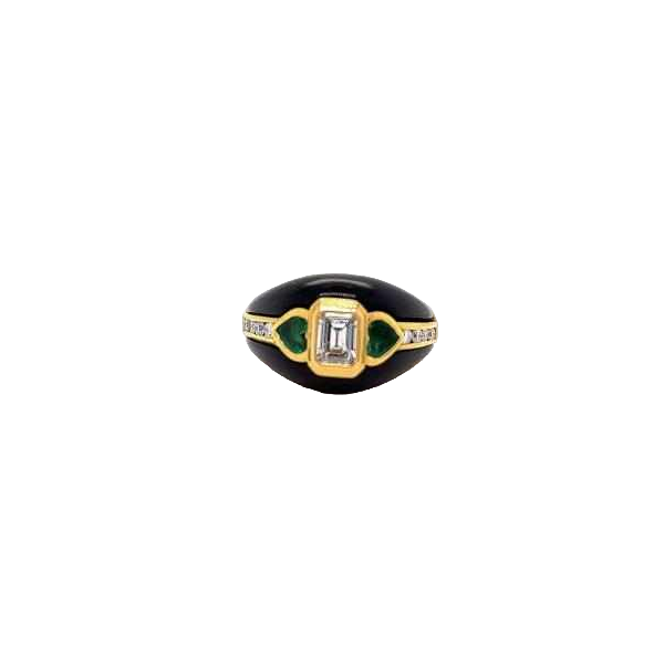 Bague vintage en or jaune 18kt avec diamants, onyx noir et émeraude