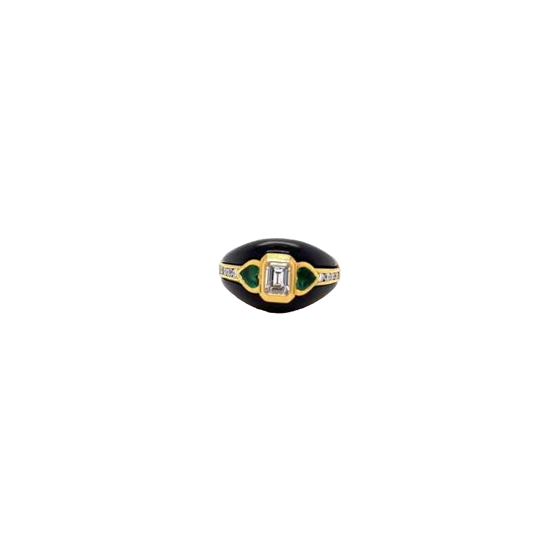 Bague vintage en or jaune 18kt avec diamants, onyx noir et émeraude