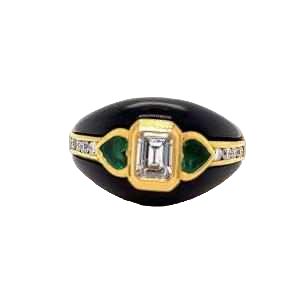 Vintage ring, 18kt geel goud met diamanten, zwarte onyx en smaragd