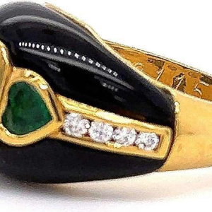 Vintage ring, 18kt geel goud met diamanten, zwarte onyx en smaragd