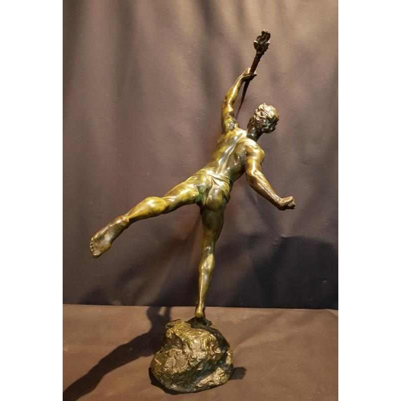 Lemoyne "Porteur de la flamme" bronze sculpture with green patina