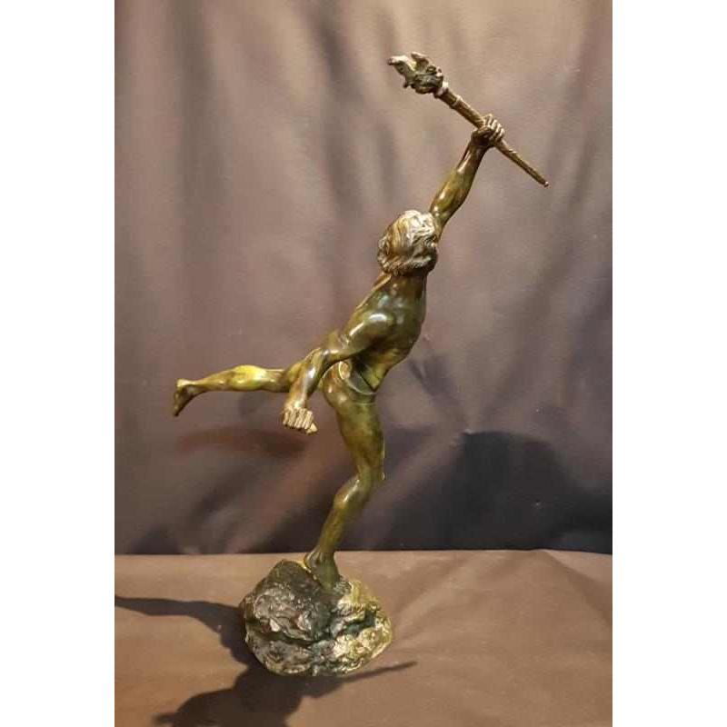Lemoyne "Porteur de la flamme" bronze sculpture with green patina