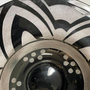 Art Deco black and grey glass dish with geometric decoration, Belgian work ca 1930