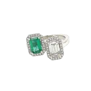 Witgoud ring met smaragdgeslepen diamanten & smaragd