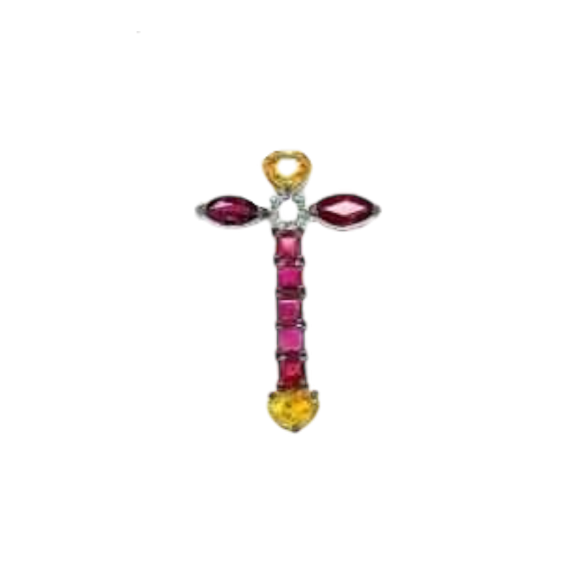 Goud hanger "Kruis”, robijn & diamant, gele saffier hart