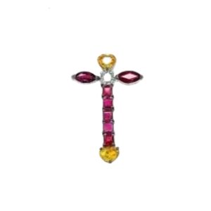 Pendentif "Croix" en or, rubis & diamant, cur en saphir jaune