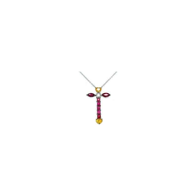 Gold Pendant 'Cross’, ruby & diamond, yellow sapphire heart