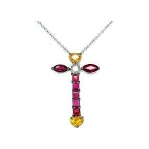 Gold Pendant 'Cross’, ruby & diamond, yellow sapphire heart