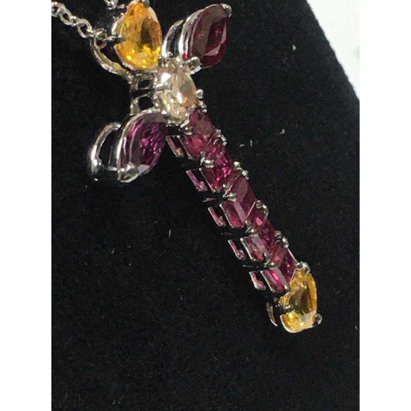 Gold Pendant 'Cross’, ruby & diamond, yellow sapphire heart