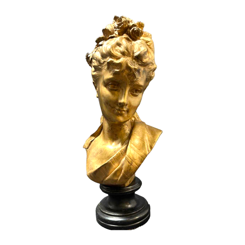 "Buste de Jeune fille aux roses" bronzen sculptuur, uitgegeven door de compagnie des bronzes in Brussel