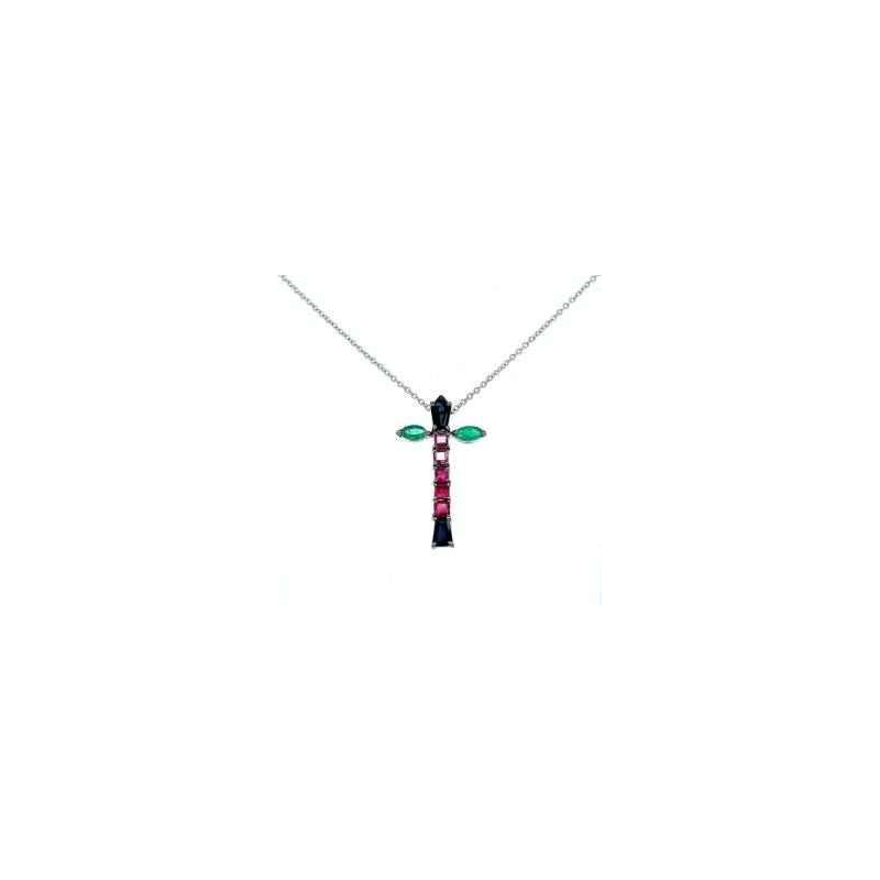 Gold ‘cross’ pendant, sapphire, ruby and emerald