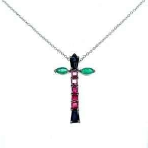 Gold ‘cross’ pendant, sapphire, ruby and emerald