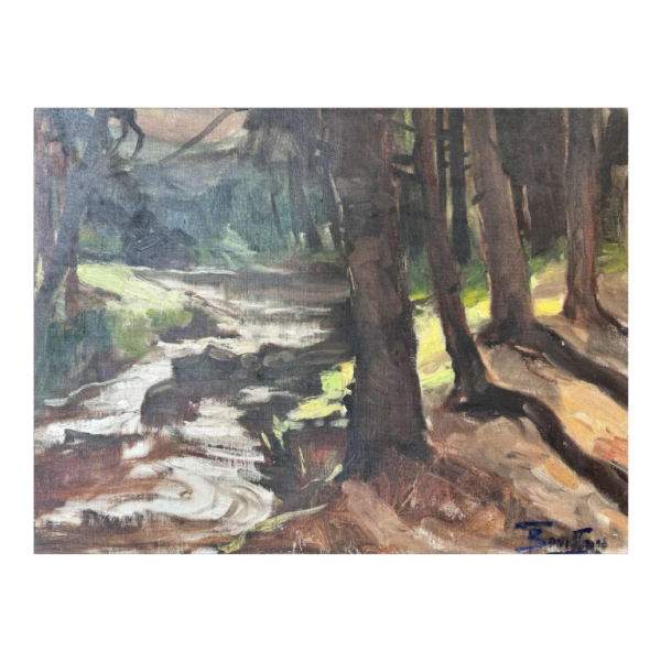 Georges BOUILLON « Rivière en sous-bois printanier » peinture huile sur toile