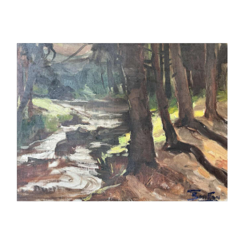 Georges BOUILLON « Rivière en sous-bois printanier » peinture huile sur toile