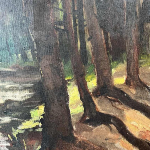 Georges BOUILLON « Rivière en sous-bois printanier » peinture huile sur toile