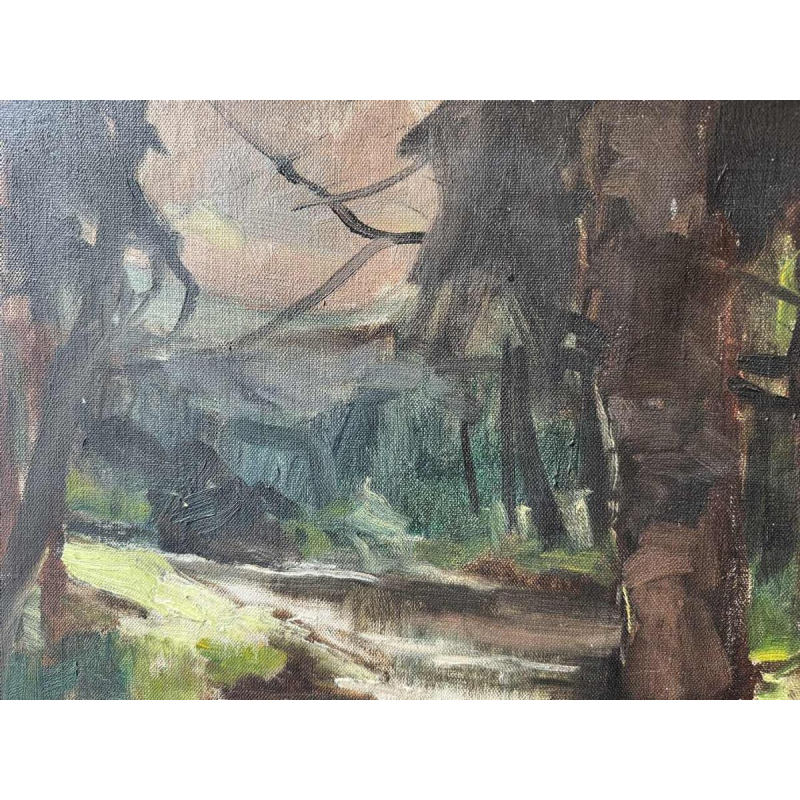 Georges BOUILLON « Rivière en sous-bois printanier » peinture huile sur toile