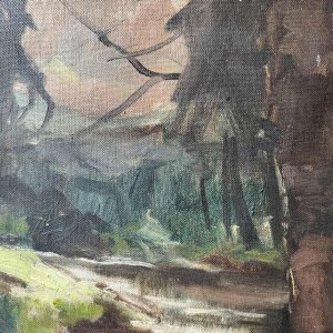 Georges BOUILLON “ Rivier in voorjaarsonderhout “ olieverf op doek