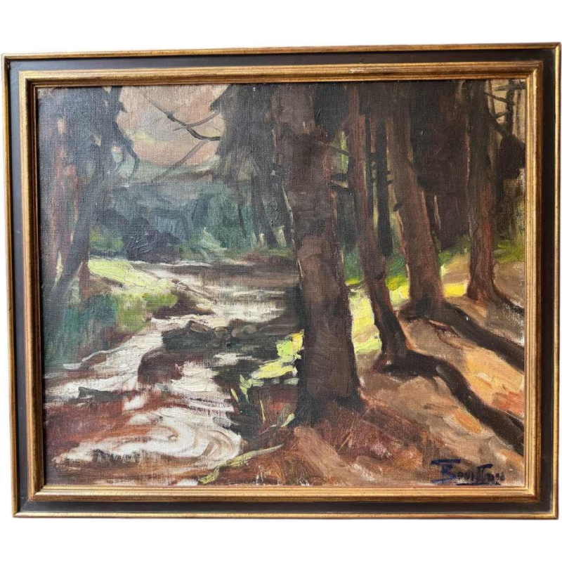 Georges BOUILLON « Rivière en sous-bois printanier » peinture huile sur toile