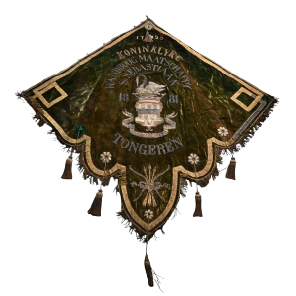 Grote historische vlag “Koninklyke Handboog Maatschappij Sint Sebastiaan“ Tongeren 1881