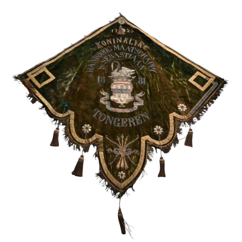 Grote historische vlag “Koninklyke Handboog Maatschappij Sint Sebastiaan“ Tongeren 1881