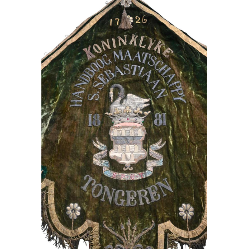 Grote historische vlag “Koninklyke Handboog Maatschappij Sint Sebastiaan“ Tongeren 1881