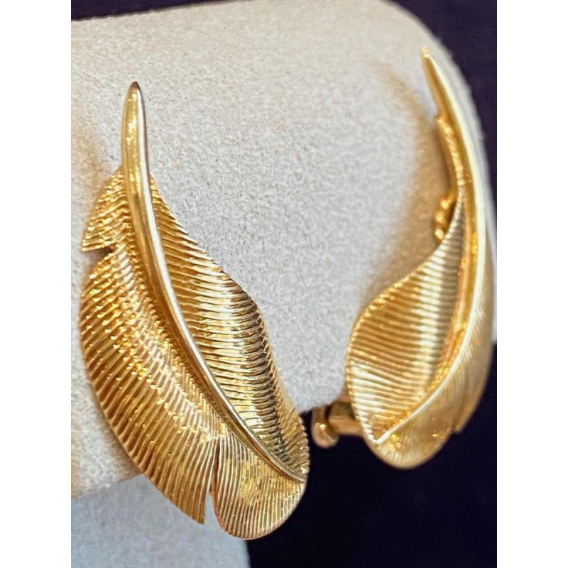 HERMES Paris, paar vintage gouden oorbellen “Plumes”