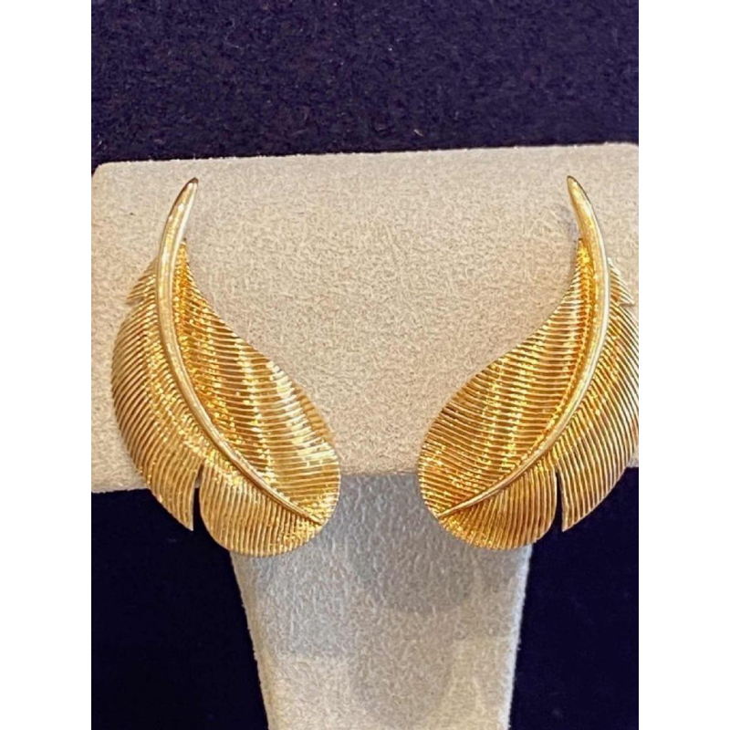 HERMES Paris, paar vintage gouden oorbellen “Plumes”