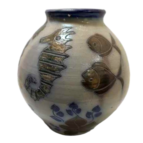 Rare vase en grès de La Roche, période 1950, motifs poissons et hippocampe