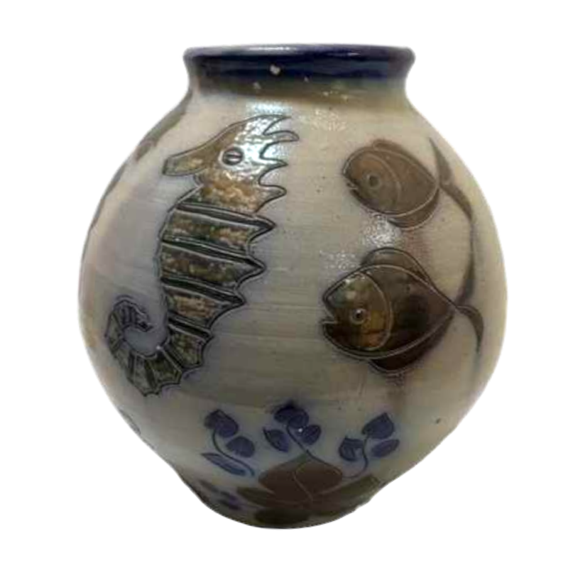 Rare vase en grès de La Roche, période 1950, motifs poissons et hippocampe