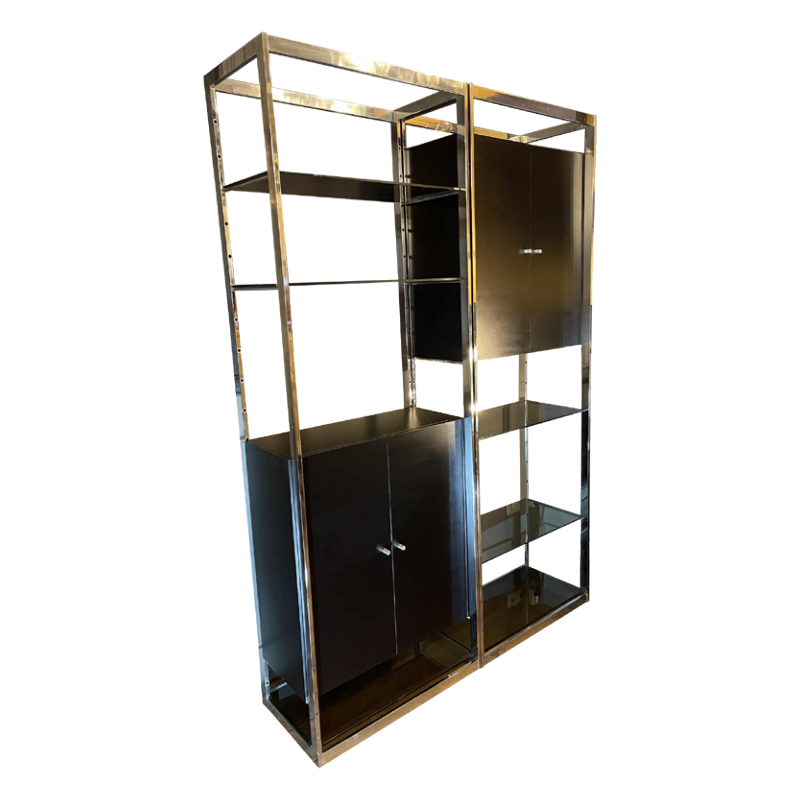 Paire Etagères Wall Unit Modulable Moderniste Chrome et Formica Noir, ca 1970