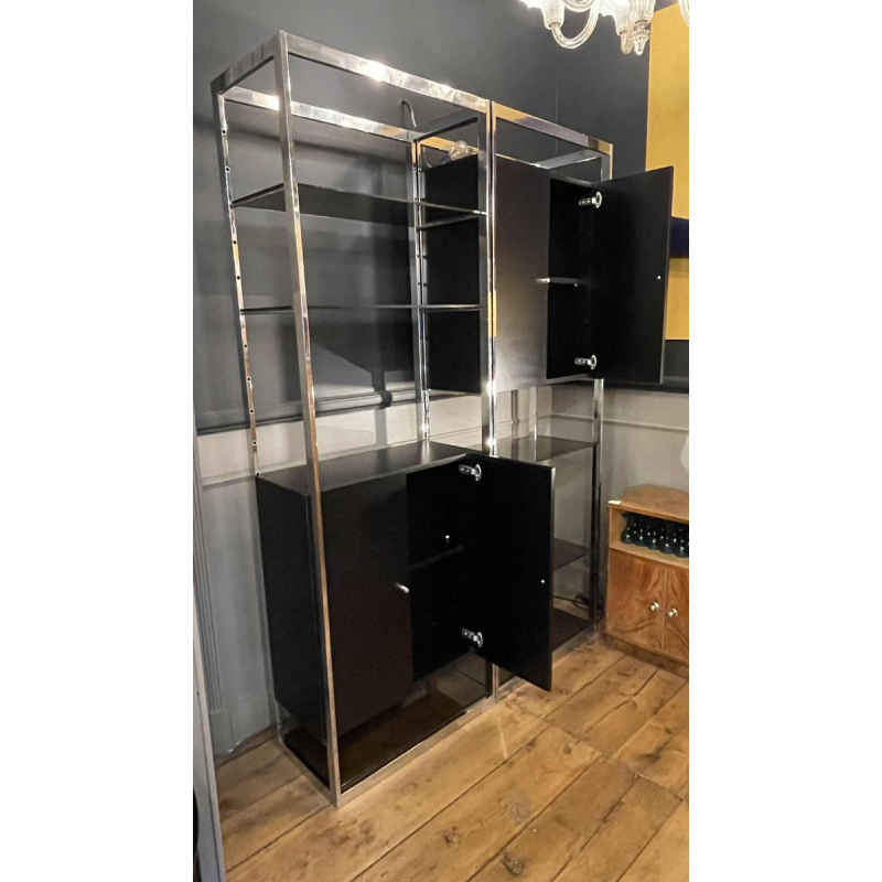 Paar Modernistische Chroom en Zwart Formica Wandmeubel Planken, ca 1970