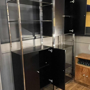 Pair of Modernist Chrome and Black Formica Wall Unit Shelves, ca 1970