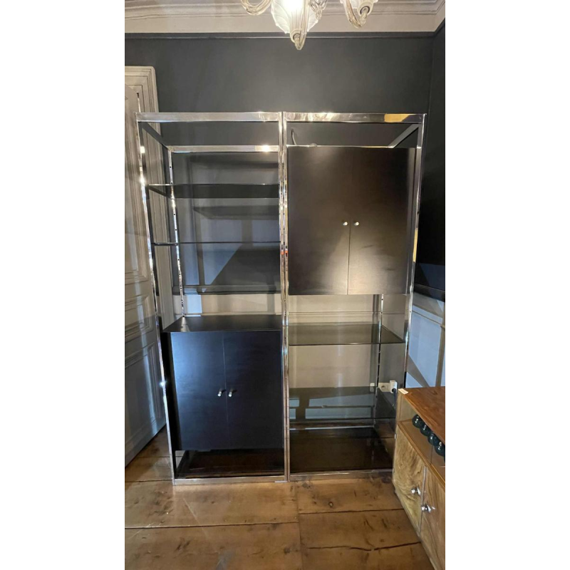 Pair of Modernist Chrome and Black Formica Wall Unit Shelves, ca 1970