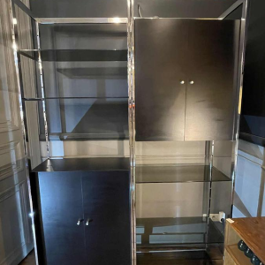 Pair of Modernist Chrome and Black Formica Wall Unit Shelves, ca 1970