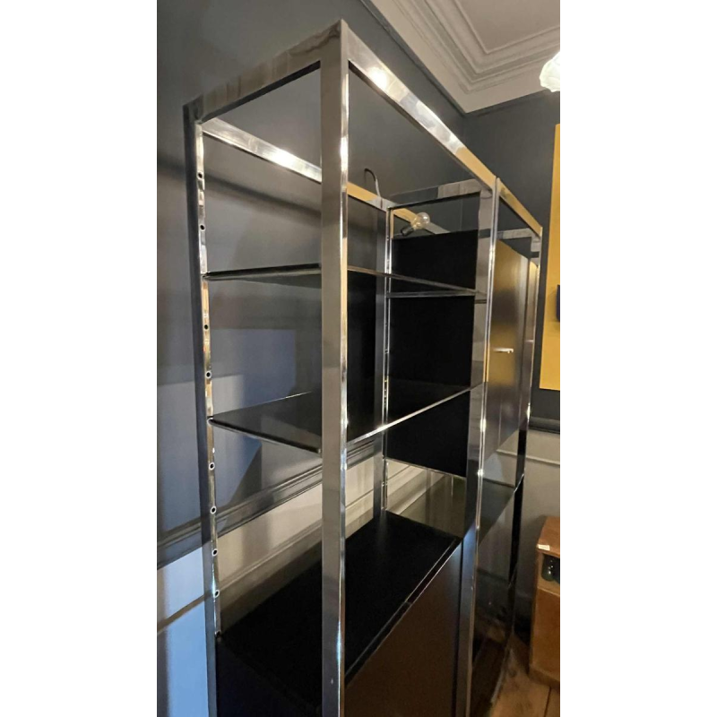 Pair of Modernist Chrome and Black Formica Wall Unit Shelves, ca 1970