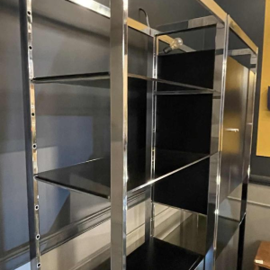 Pair of Modernist Chrome and Black Formica Wall Unit Shelves, ca 1970