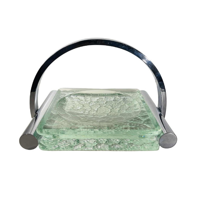 Jacques Adnet, Art Deco lege zak in verchroomd staal en dik getextureerd glas, 20e eeuw