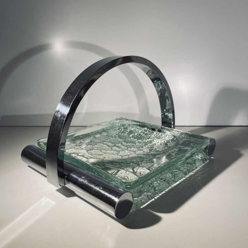 Jacques Adnet, Art Deco empty pocket in chromed steel and thick textured glass, 20th century