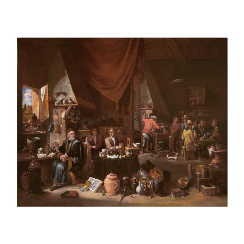 Gérard THOMAS (école flamande) “ L'alchimiste dans son atelier“ tableau huile sur toile, XVIIe s