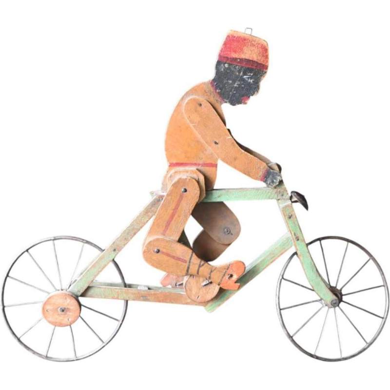 Jouet articulé de cycliste en bois – art populaire belge, début du XXe Siècle
