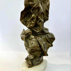 Georges VAN DER STRAETEN by Société des Bronzes Paris, bust of jeune femme rieuse, ca 1900