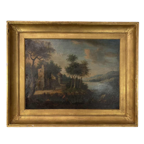 École italienne “Paysage lacustre, forêt animée de personnages“ tableau huile sur toile, XVIIIe