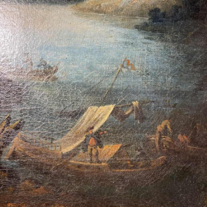 Italian School “Lake landscape, forest animated by figures” oil painting on canvas, 18th century