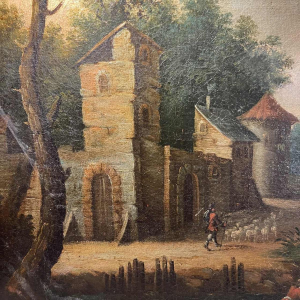 Italiaanse School “Meerlandschap, bos met figuren” olieverfschilderij op doek, 18e eeuw