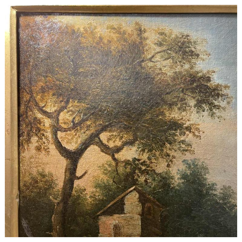École italienne “Paysage lacustre, forêt animée de personnages“ tableau huile sur toile, XVIIIe