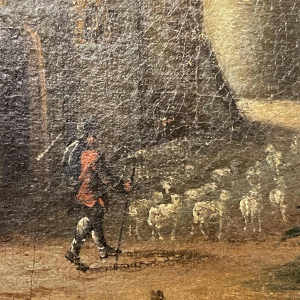 Italiaanse School “Meerlandschap, bos met figuren” olieverfschilderij op doek, 18e eeuw