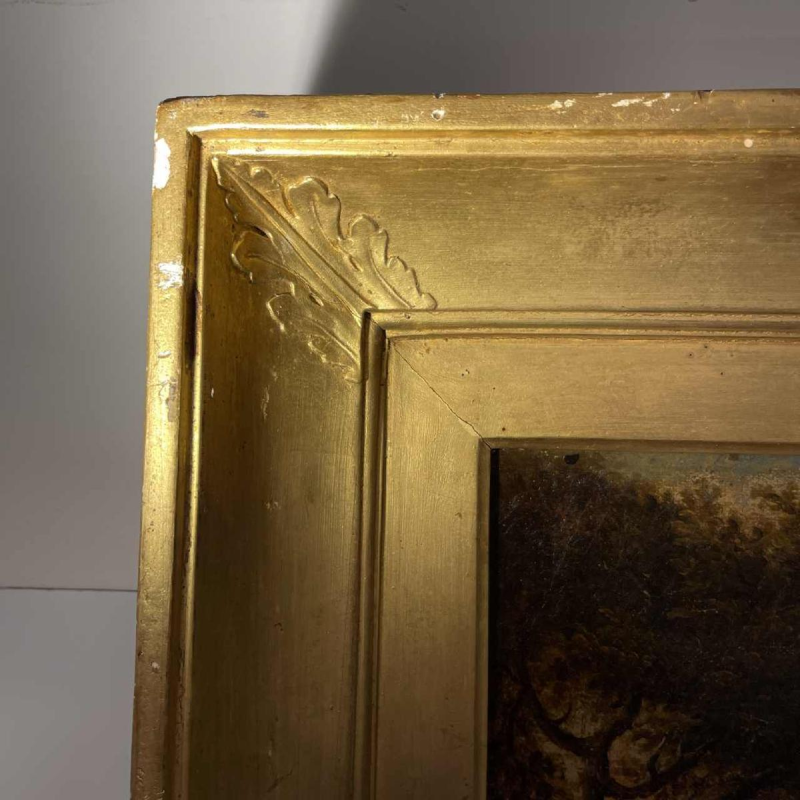 École italienne “Paysage lacustre, forêt animée de personnages“ tableau huile sur toile, XVIIIe