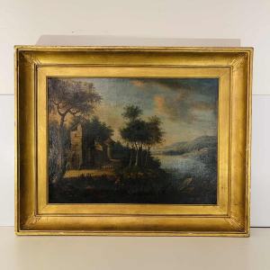 École italienne “Paysage lacustre, forêt animée de personnages“ tableau huile sur toile, XVIIIe