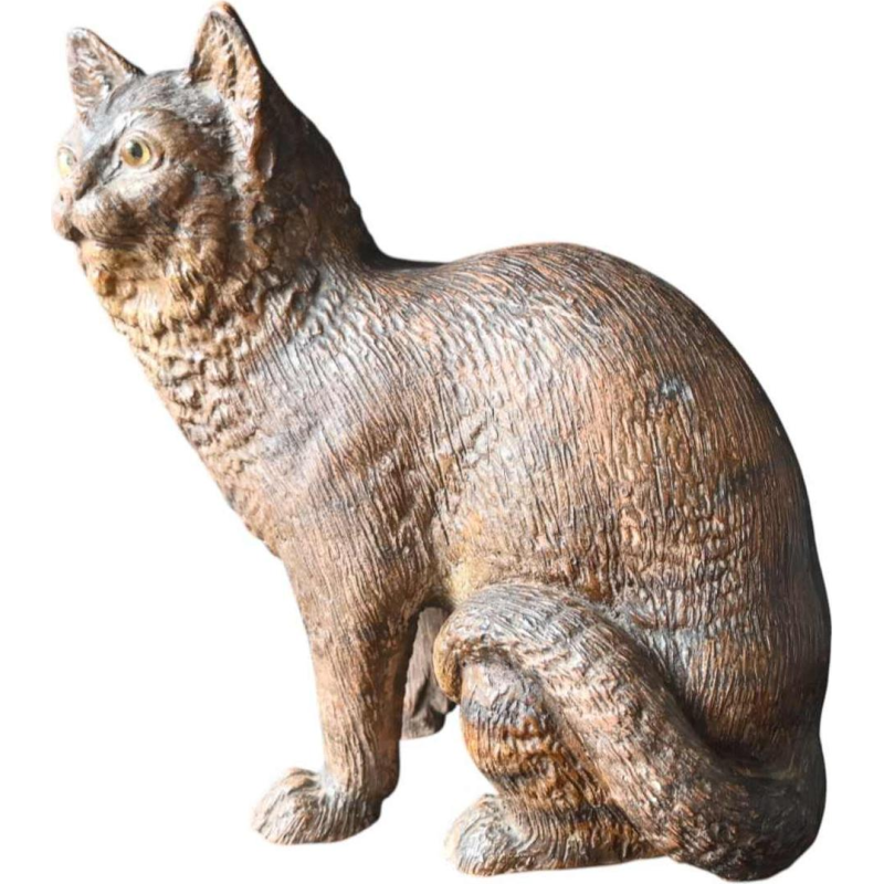 Chat en terre cuite avec yeux en verre, dans le style de Goldscheider, vers 1900