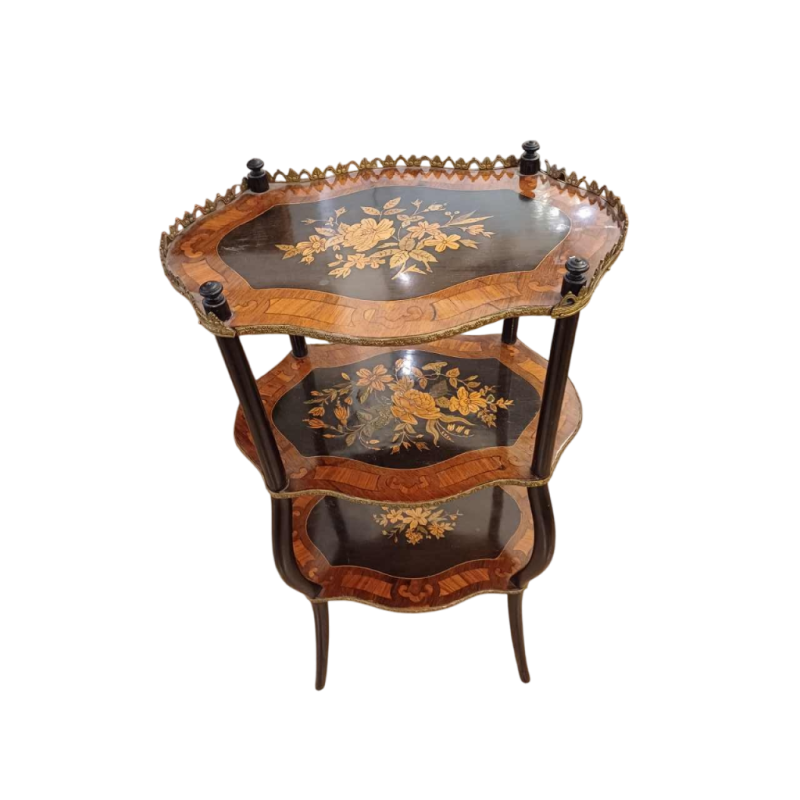 Sellette à trois plateaux, marqueterie et laiton, style Napoléon III, fin XIXe s